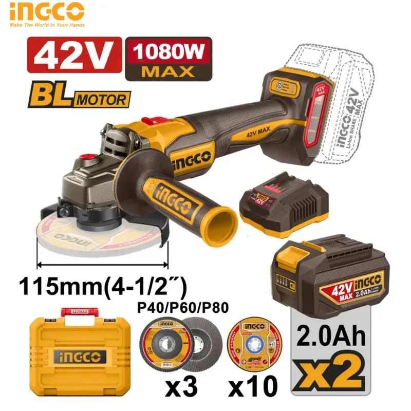 MEULE À DISQUE SANS FIL 42V AVEC 2 BATTERIES 2,0 AH 42V CAGLI4108112 - 1