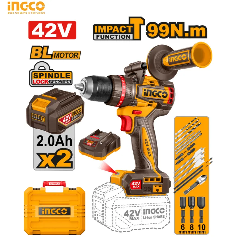 PERCEUSE À CHOCS INGCO 42V - 99 NM - AVEC 2 BATTERIES 2.0AH CIDLI429982 - 1
