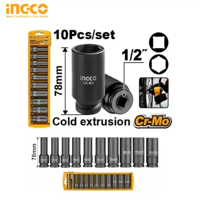 SET DE 10 DOUILLES LONGUES 1/2 À CHOC INGCO HKISSD121 - 1