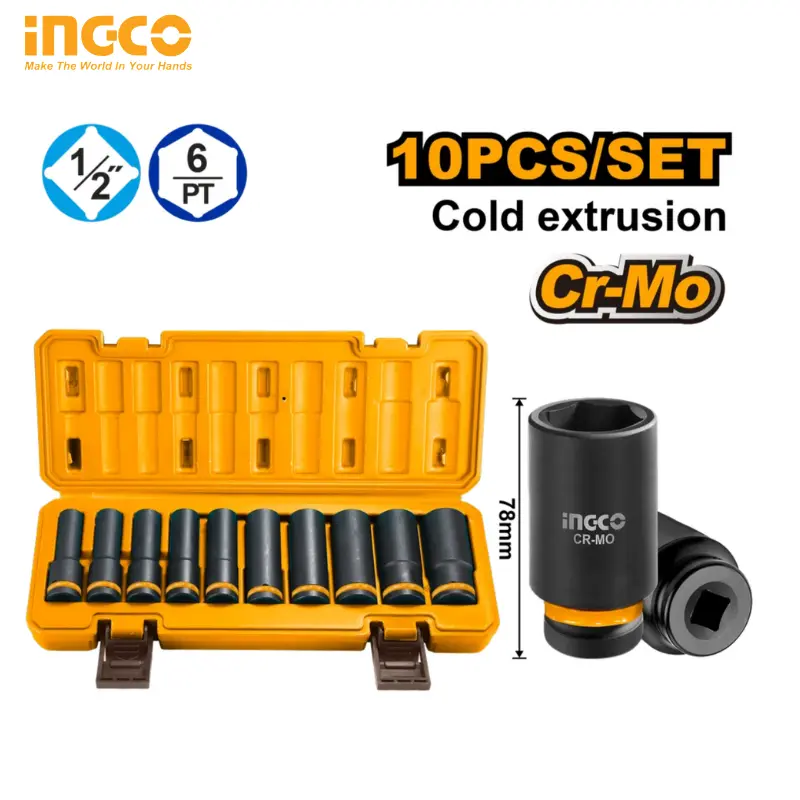 10 PCS 1/2" JEU DE DOUILLES A CHOC PROFONDE INGCO HKISSD12102L - 1